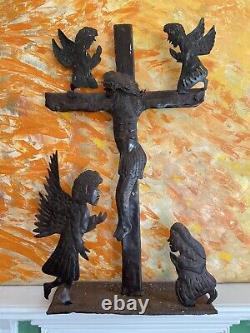 A Julio Galand contemporary art sculpture, indigenous crucifixion 65cm signed