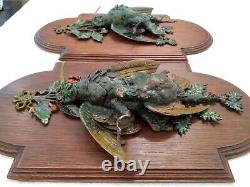 Antique 2 French Hunting Trophy Realistic Bird Sculpture Wall Plaque Cold Paint