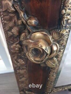 Antique Mirror Framed w Wood and Brass Metalwork Roses and Flowers Victorian