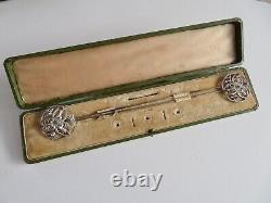 Antique PAIR Cased HAT PINS 11 inch Flip Top Hinged Rhinestones Metalwork
