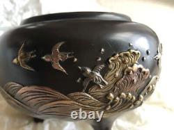 Bird Pattern Bronze Koro incense burner 4.3 inch Japanese Metalwork Figurine