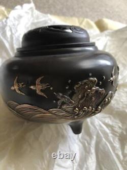 Bird Pattern Bronze Koro incense burner 4.3 inch Japanese Metalwork Figurine