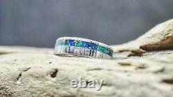 Bluetongue Damascus steel wedding ring with opal inlay, Stainless damascus steel