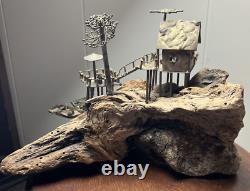 Brutalist Metal & Driftwood Sculpture Fishing Boat Dock Tree Crab Shack Handmade