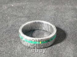 Damascus stainless steel wedding ring fenja pattern, kiwi opal inlay ring
