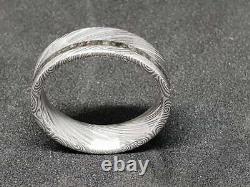 Damascus steel wedding ring with obsidian inaly, Damascus stainless steel inlay