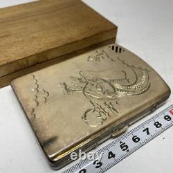 Dragon sculpture silver cigarette case 5.7 inch vintage metalwork Japanese