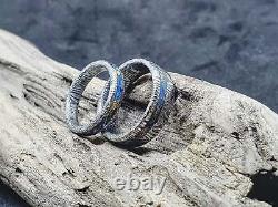 Fenja pattern Damascus steel stainless steel wedding ring set ocean opal inlay
