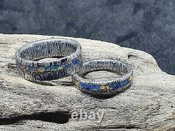 Fenja pattern Damascus steel stainless steel wedding ring set ocean opal inlay