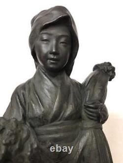 Japanese Agricultural Girl Bronze Statue 20.6 inch Japanese metalwork Figurine