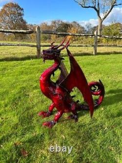 LARGE DRAGON Sculpture Handcrafted Flame Red Coloured Metalwork