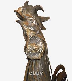 MID-20TH C VINT LG 16 H TORCHED & WELDED CUT METAL ROOSTER SCULPTURE WithWDN BASE