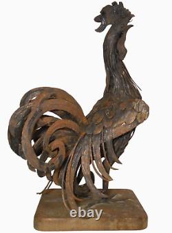 MID-20TH C VINT LG 16 H TORCHED & WELDED CUT METAL ROOSTER SCULPTURE WithWDN BASE