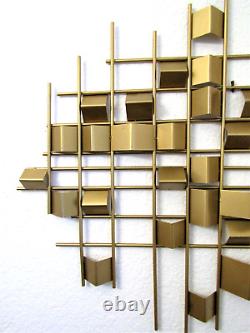 MID-CENTURY MODERN ABSTRACT METAL WALL ART SCULPTURE GEOMETRIC GRID with CUBES