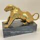 Mid Century Brass Panther Sculpture On Marble Base