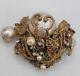 Miriam Haskell Baroque Pearl Brooch Floral Filigree Gold Tone Metalwork Signed
