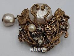 Miriam Haskell Baroque Pearl Brooch Floral Filigree Gold Tone Metalwork Signed