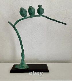 TOYO Korea Bronze Sculpture of 3 Birds on a Branch On Wood Base 17.5 High