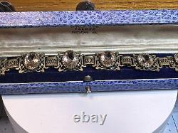 Vintage 1930s Art Deco Citrine Jewel-tone Rhinestone filigree Metalwork Bracelet