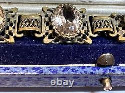 Vintage 1930s Art Deco Citrine Jewel-tone Rhinestone filigree Metalwork Bracelet