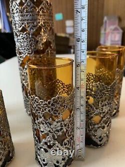 Vintage Amber Glass Decanter Set with 6 Glasses Metalwork Eagle Decoration
