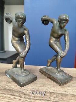 Vintage Bronze Olympic Discus Thrower Male Sculpture Figurine Ornament PAIR VGC