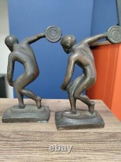 Vintage Bronze Olympic Discus Thrower Male Sculpture Figurine Ornament PAIR VGC