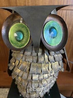 Vintage Curtis Jere Owl Sculpture Brass Bronze Green Enamel Mid Century Art 1966