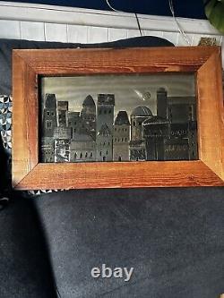 Vintage OOAK Art Painting Style Metal City Skyline Industrial Reclaimed Rare
