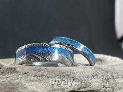 Woodgrain pattern Damascus steel stainless steel wedding ring set opal inlay gl