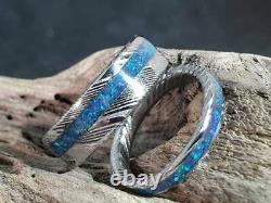 Woodgrain pattern Damascus steel stainless steel wedding ring set opal inlay gl