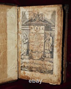 BIBLE SAINTE FOLIO XRARE 1708 3xTITRES TRAVAIL DU MÉTAL SUR BOIS CARTE ÎLE CALIFORNIE