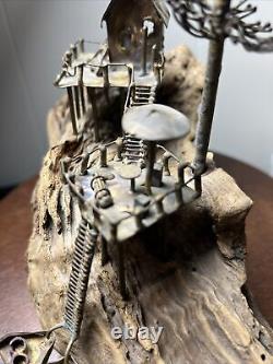 Brutalist Metal & Driftwood Sculpture Bateau De Pêche Dock Tree Crab Shack Fait À La Main