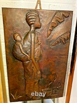 Panneau en cuivre estampé fabuleux de 1966 par Gabriel Kalumba Zaire, Congo, Art africain