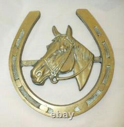 Reconnu Antique Vintage Laiton Equestrian Horse Head Lucky Shoe Plaque Murale
